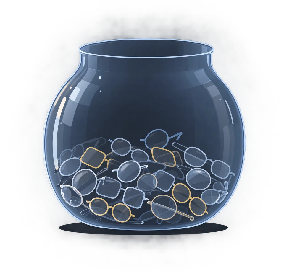 A jar at ProfiMed reception where patients leave their old glasses after vision correction